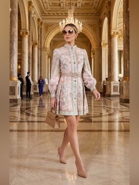 Pastel Paisley Long-Sleeve Mini Dress with Belt S/M